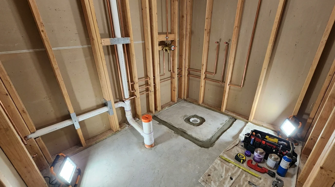 Bathroom rough-in plumbing during remodel by Johns Plumbing LLC in Danville