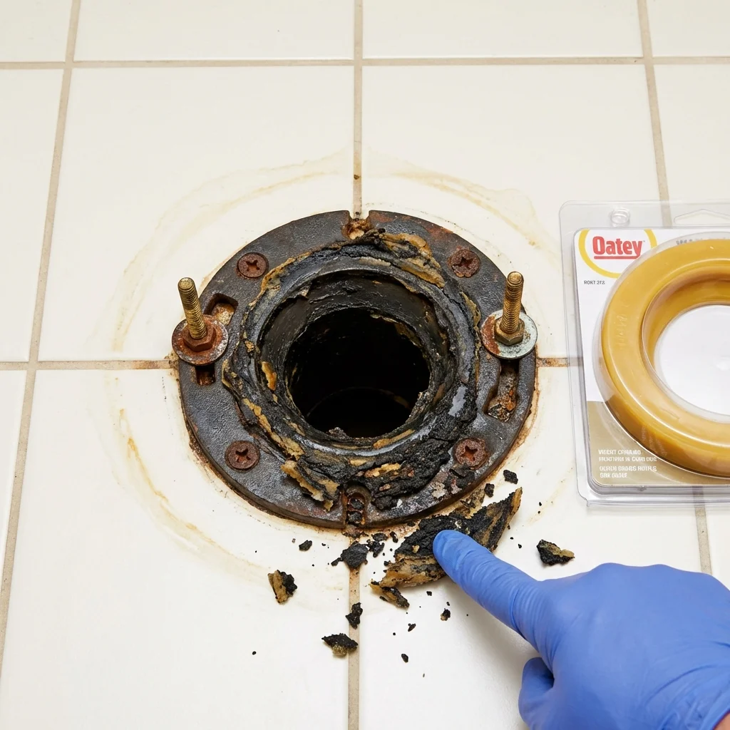 Failed wax ring showing water seepage at the base of a toilet in a Danville, AR home